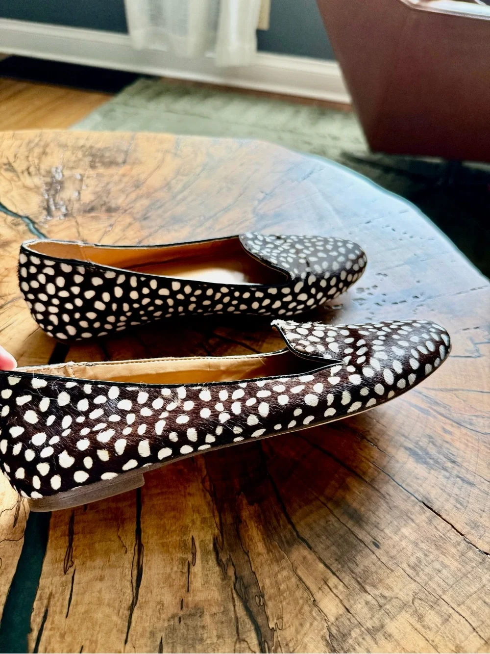 J. CREW Cora Calf Hair Smoking Flats Shoes Speckled Brown White Spots - Picture 8 of 8